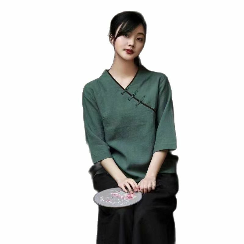 จีนแบบดั้งเดิมศิลปะชาเสื้อผ้าผู้หญิง Hanfu เสื้อ Harajuku Vintage Tang ฤดูใบไม้ผลิฤดูร้อนสบายจีนเสื้อผู้ห...