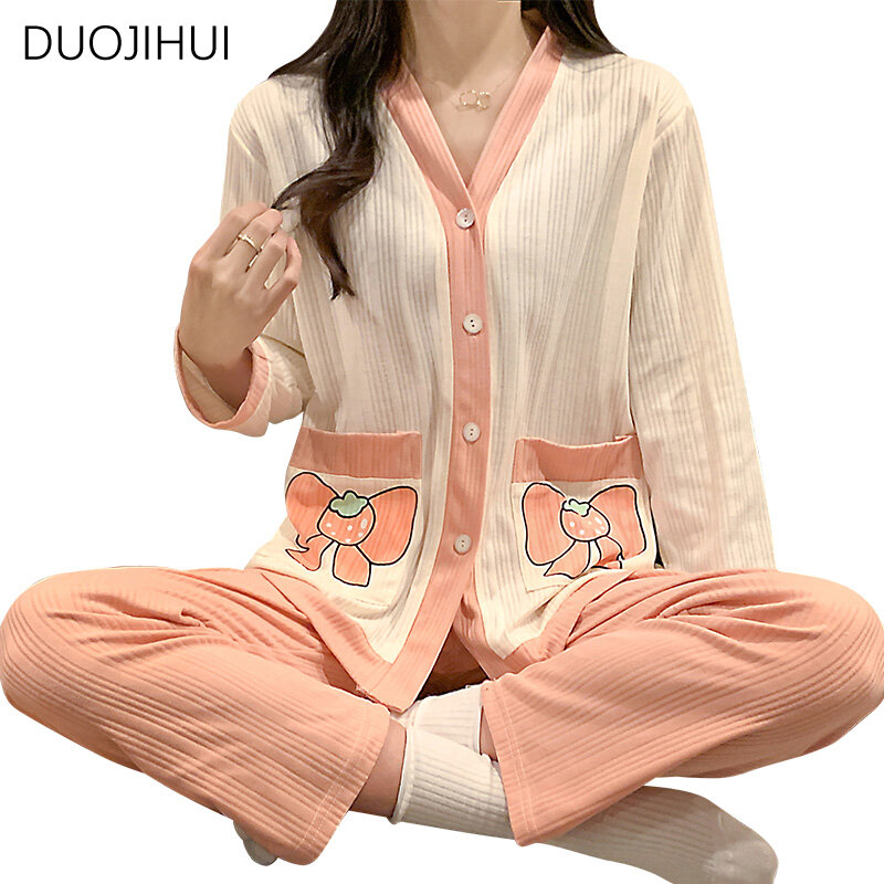 DUOJIHUI Autumn Two Piece Loose Casual Home Pajamas for Women V-neck Sweet Cardigan Basic Simple Pant Fashion Female Sleepwear