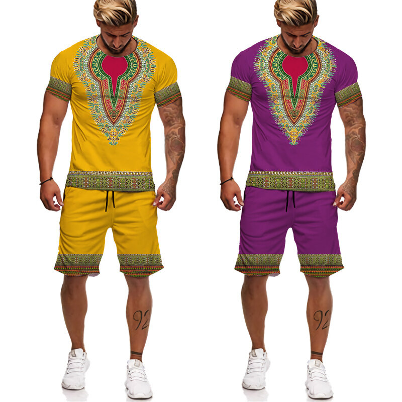 Colorful Ethnic Tracksuit T-shirt Shorts 2 Piece Bohemian Printed Outfits Sports Suit Loose Casual Streetwear Man Sets Clothing