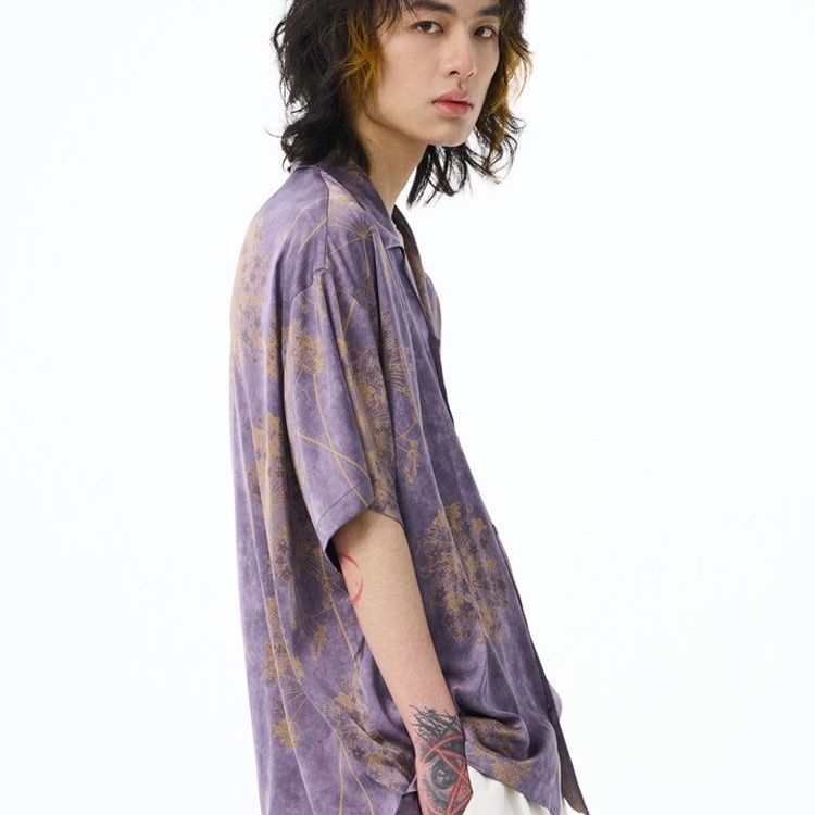 Korean new retro design dandelion summer printed short-sleeved loose high-end Cuban shirt trendy fashion niche y2k shirt for men