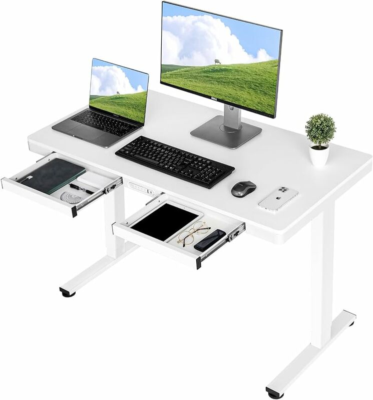 TOPSKY meja berdiri elektrik, dudukan komputer bisa disesuaikan dengan laci dan pengisian daya Port USB, 47.2 inci x 23.6 inci sepenuhnya pasang cepat