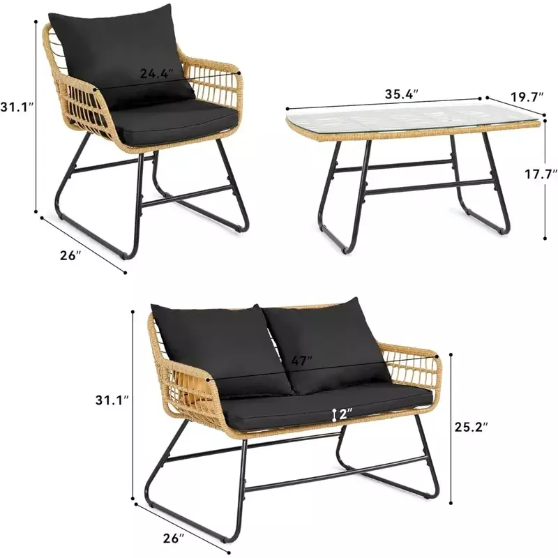 Мебель для патио из 4 предметов, плетеный уличный набор для бистро с мягким и металлическим столом, всепогодный ротанговый стул для разговора