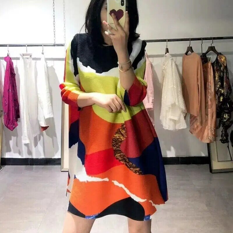 Dress Spring/Summer 2023 O neck slimming large size  belly-covering folds dress seven-point sleeve print mid-length dress tops