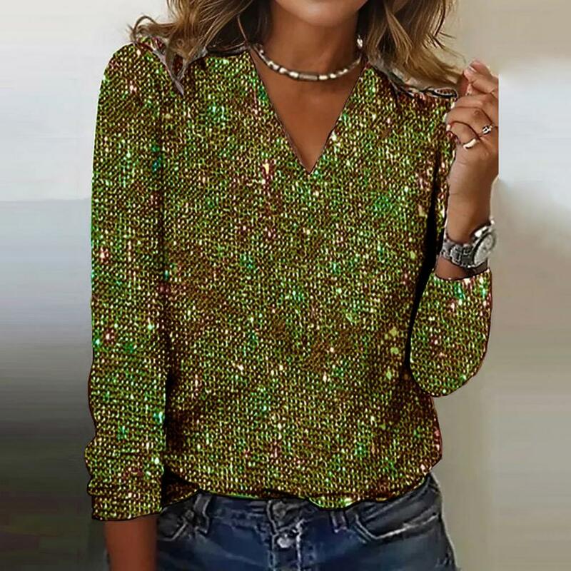 Женская блузка с блестками и V-образным вырезом, элегантный пуловер из мягкой ткани с длинным рукавом, Стильная однотонная одежда