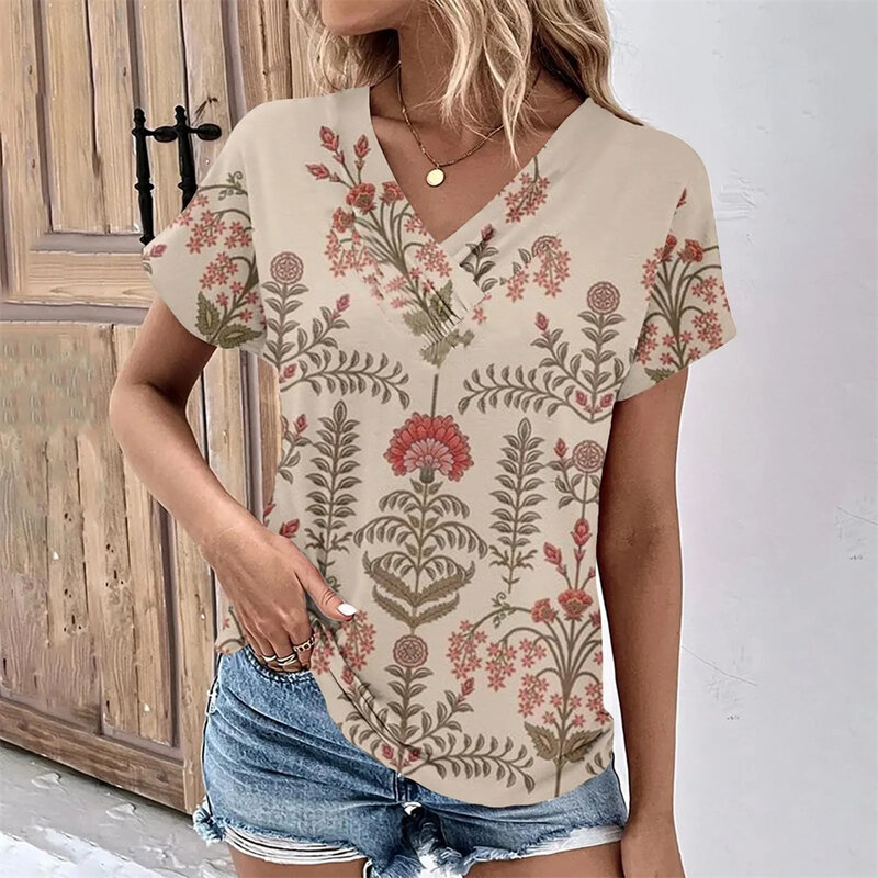 Modne damskie T-shirty z dekoltem w luźne góra kwiatowy nadruk T Shirt damski krótki rękaw koszulki w stylu Casual letni szeroka odzież
