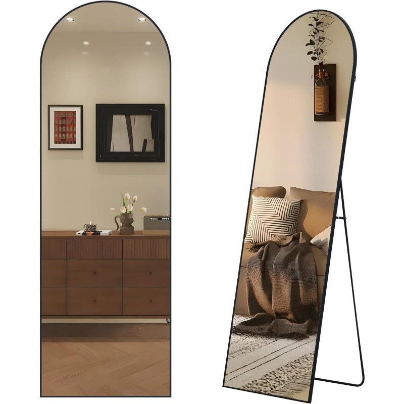 아치형 전체 길이 거울, 전신 거울, 블랙 화장대 바닥 거울, 브러시드 금속 프레임 장착 거울 직사각형, 24 인치 x 65 인치