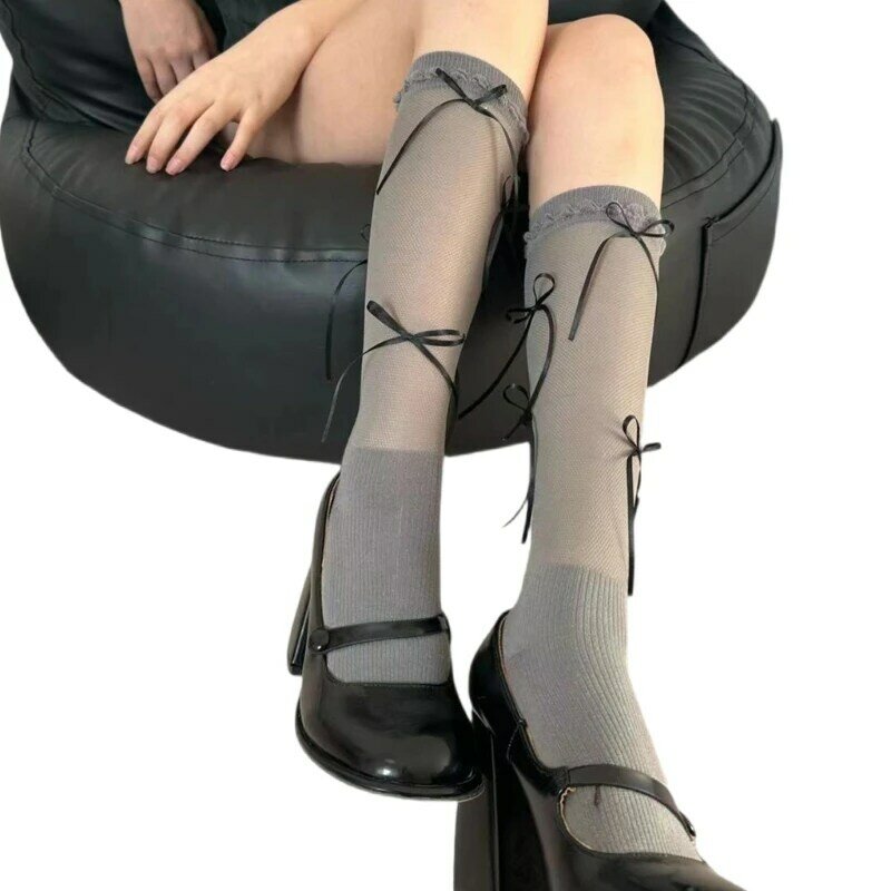 Calzini lunghi da donna con fiocco fiocco in maglia estiva, calzini larghi sopra polpaccio