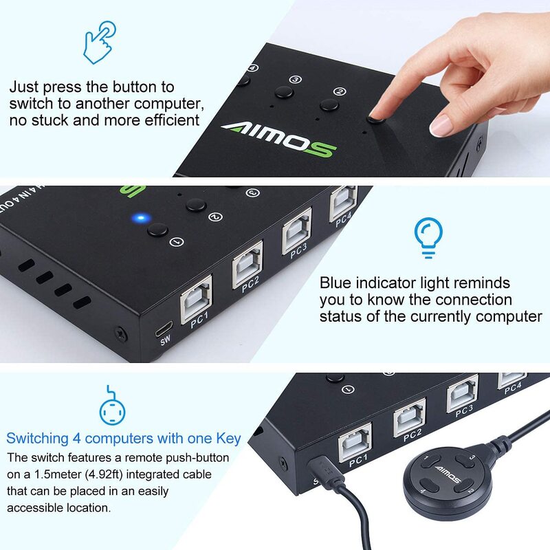 AIMOS-conmutador KVM USB para compartir, 4 ordenadores, 4 dispositivos USB, intercambio de un botón, para compartir ratón, teclado, impresora, escáner