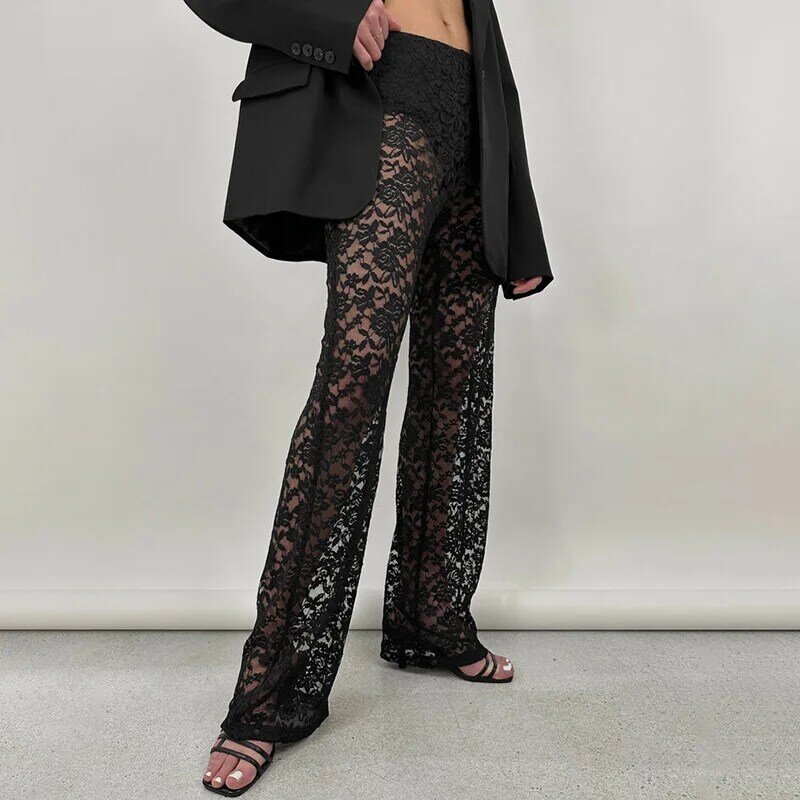 2024 New Sexy Lace Pants Set For Women Solid Color Ladies Wide Leg Pants High Street See Trough Overalls Mujer Trousers Clothing
