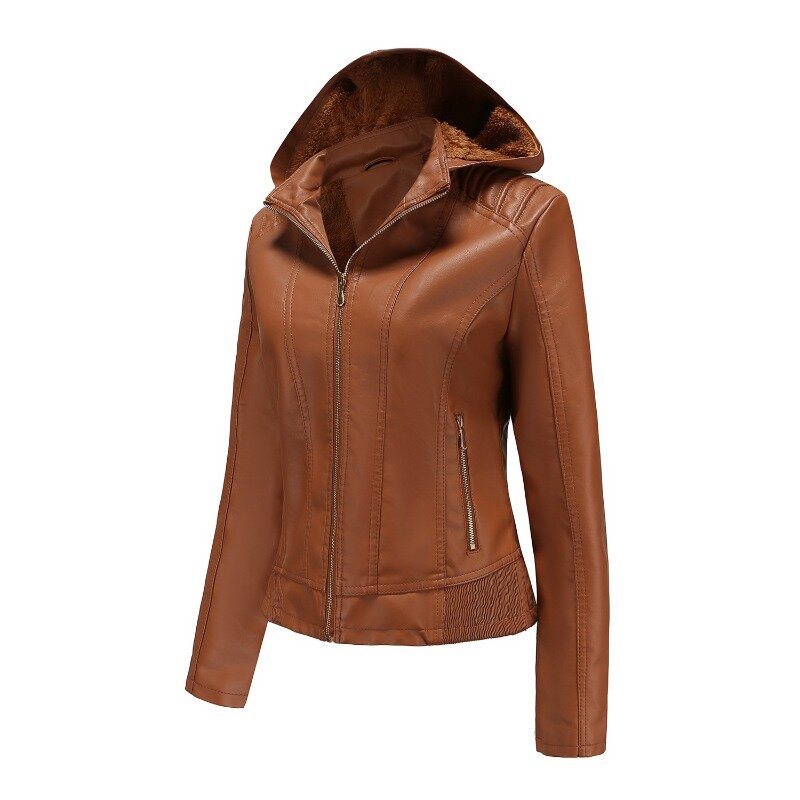 Leather Jacket Women Removable Hat Zipper Long-sleeved Velvet Leather Jacket Autumn Winter Hooded