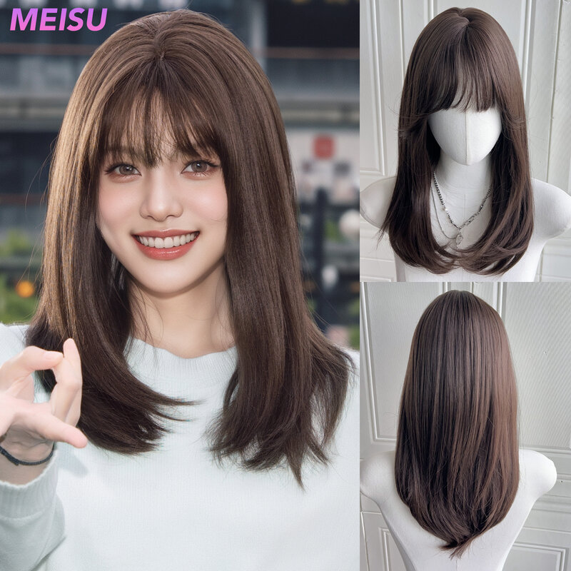 MEISU 16 Inch Straight Bangs Wig Fiber Synthetic Wig Heat-resistant Non-Glare Natural Soft Cosplay Hairpiece For Women