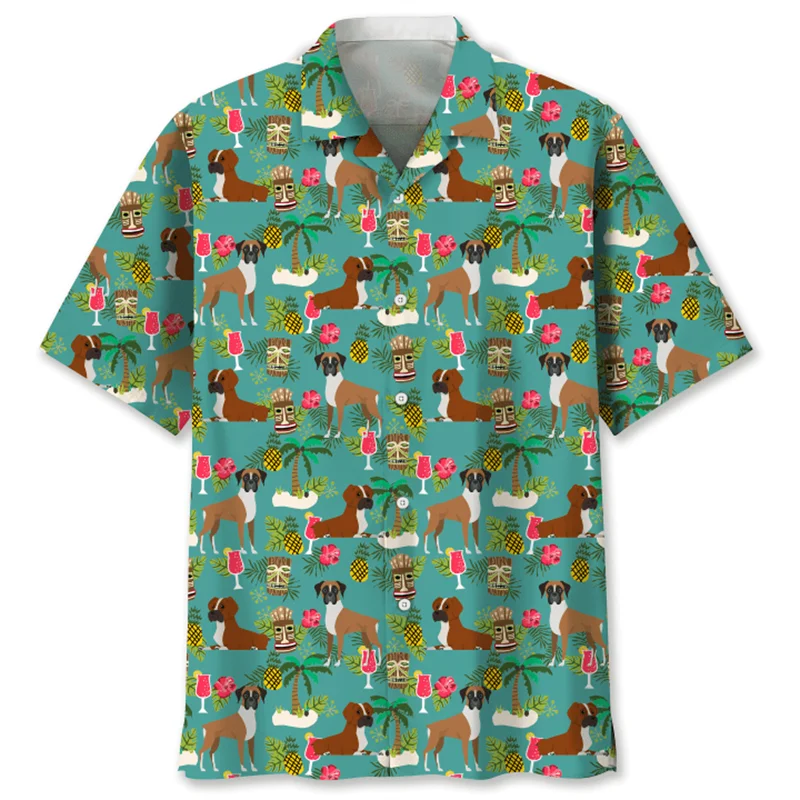 남녀공용 귀여운 반려동물 강아지 그래픽 하와이안 셔츠, 3D 동물 프린트 셔츠, 라펠 반팔, 느슨한 단추 블라우스, 여름 스트리트