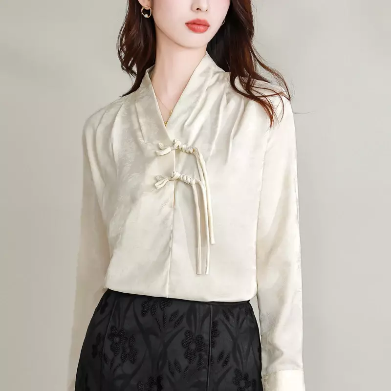 Satin Chinese Style Shirt for Women, Silk Vintage Blouses, Floral Clothing, Loose Spring Summer, full Women Tops