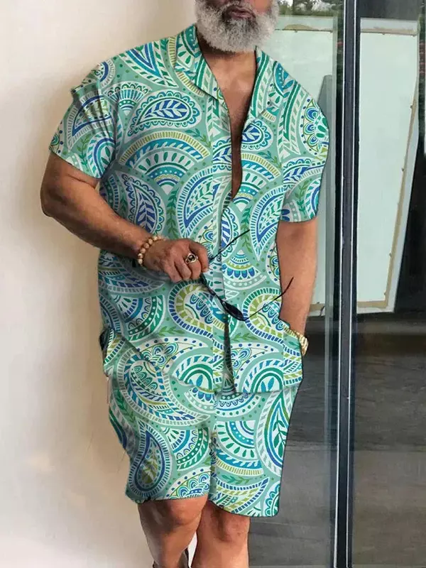 Men Sets 3d Print Patchwork Lapel Short Sleeve Casual Shirt Beach Shorts Summer Streetwear Vacation Hawaiian Suits Men Clothing