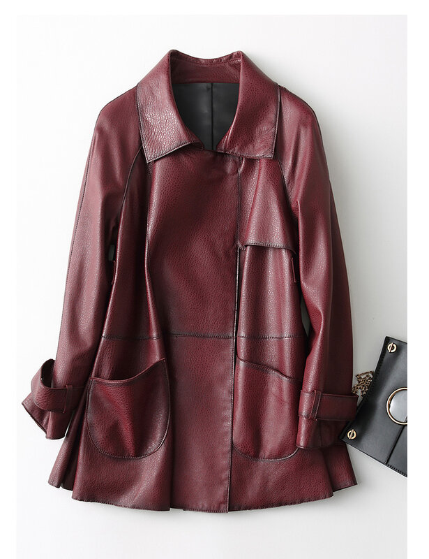 Ayunsue-女性用本革ジャケット,シープスキンジャケット,ミドル丈,春のコート