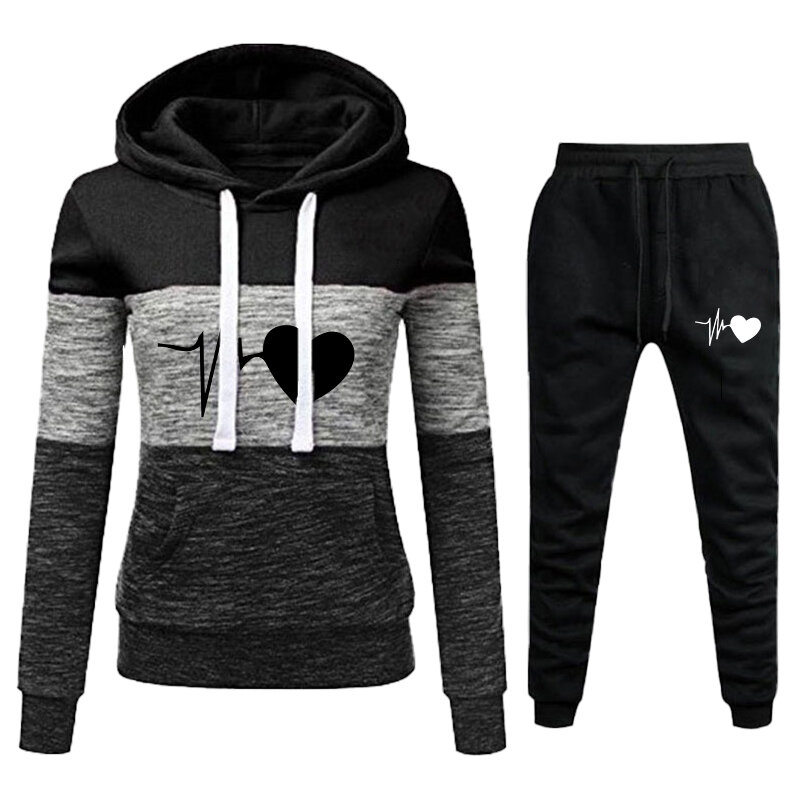New Love Print Tracksuit for Women Clothes Two Piece Set Hoodie Sweatshirt Top and Pants Casual Ensemble Femme Suits