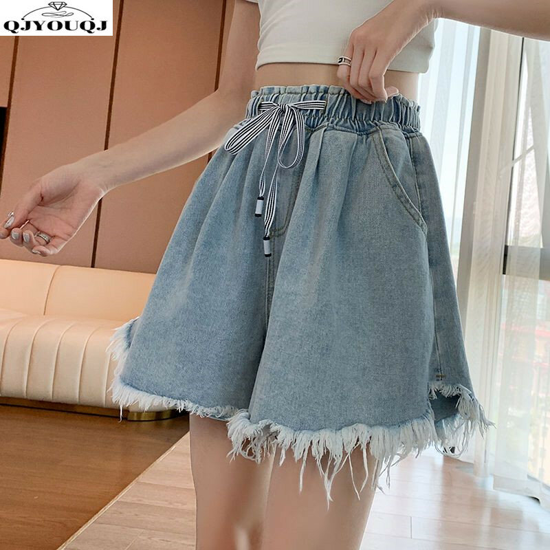 2024 musim semi/musim panas edisi Korea baru ukuran besar Denim tipis A-line kaki lebar elastis lebar pinggang tinggi celana pendek kasual wanita