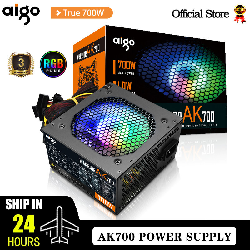 Aigo-Bloc d'alimentation PC PSU AK 700W, noir, jeu, silencieux, 120mm, ventilateur RVB, 24 broches, 12V, ATX, alimentation d'ordinateur de bureau pour BTC