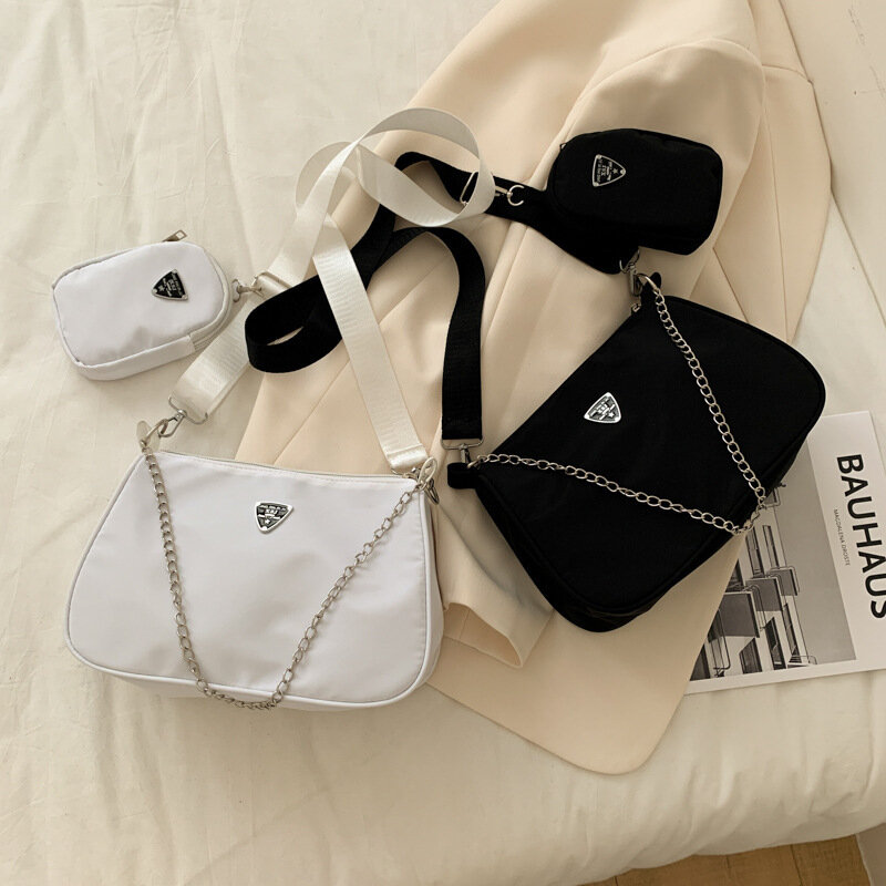 Single Shoulder Bag 2in1 Set Pure Color Nylon HandBags Causal Underarm Bag High Capacity Fashionable Travel Shopping Lady Bags