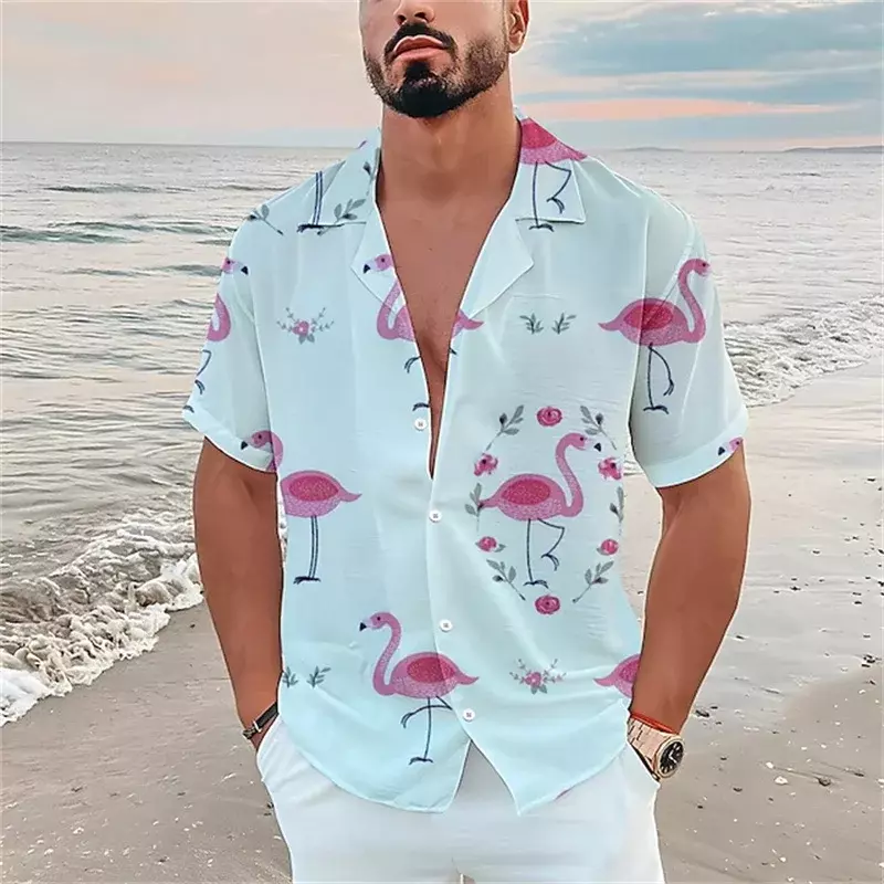 Мужская летняя рубашка большого размера с коротким рукавом и принтом фламинго, гавайская пляжная Мужская рубашка, повседневная мужская рубашка высокого качества, 2023