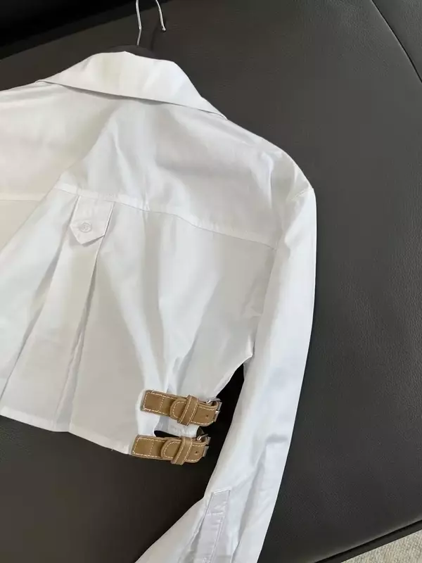 Women's new fashion belt decoration short windbreaker fabric lapel shirt retro long sleeved button up women's shirt chic top