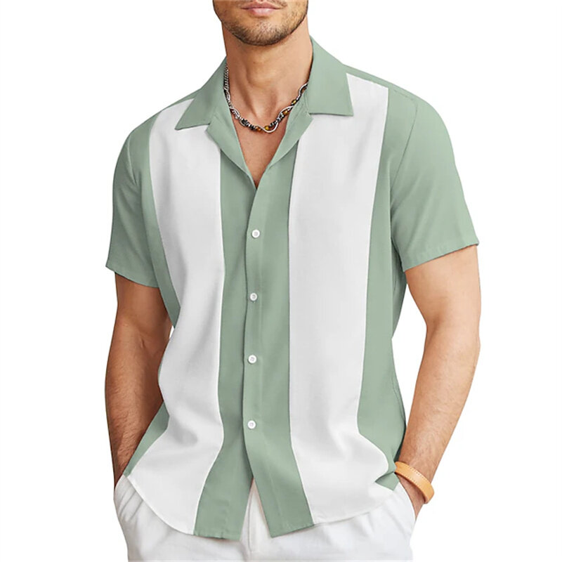 قميص رجالي بأكمام قصيرة بزر بولينج ، طية صدر غير رسمية متطابقة الألوان ، موضة رجالي يومية للشارع ، 6 ألوان ، الصيف ،