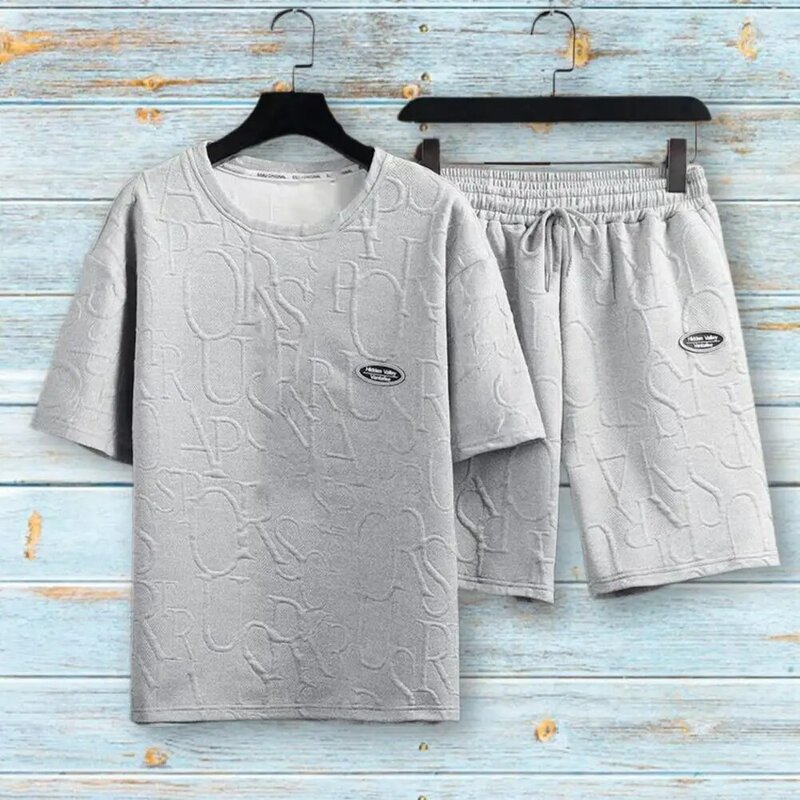 2 Pcs/Set Chic Men T-shirt Shorts Suit Breathable Two-piece Drawstring Crew Neck Stretchy Waist Men Tracksuit