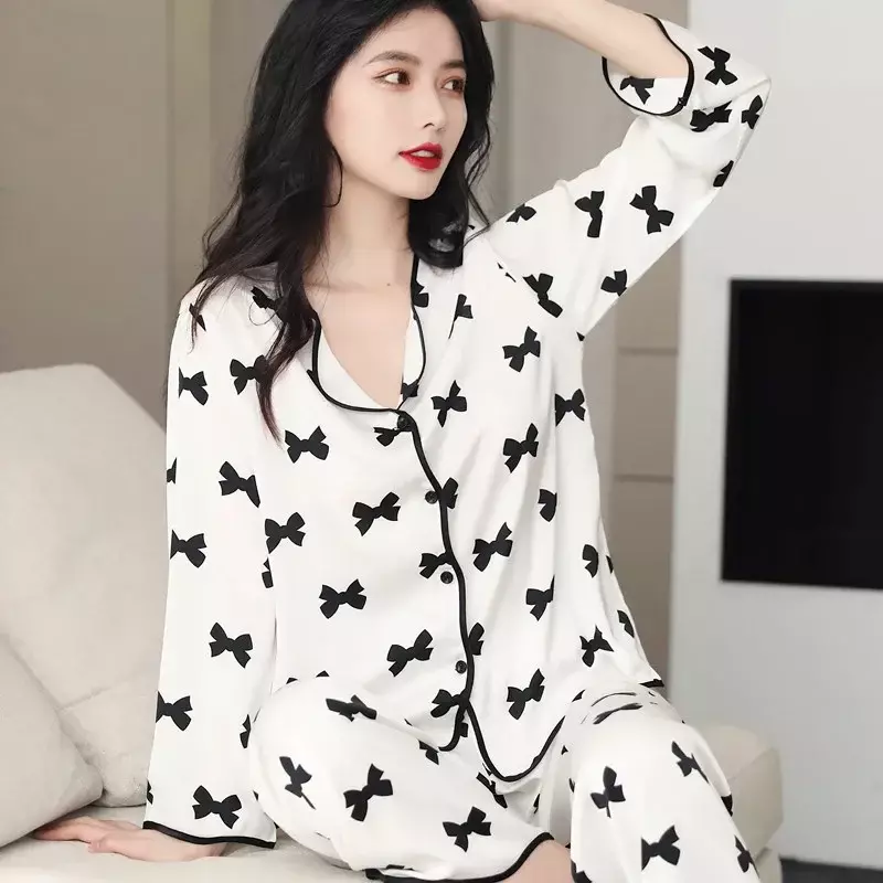 InjSatin-Pyjama à manches longues et motif floral pour femme, ensemble deux pièces, couleur unie, confortable, pour dormir