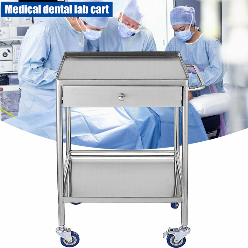 2-Tiers Lab Cart With Wheels Stainless Steel Rolling Trolley Medical Dental Salon Mobile Cart w/ 1Drawer