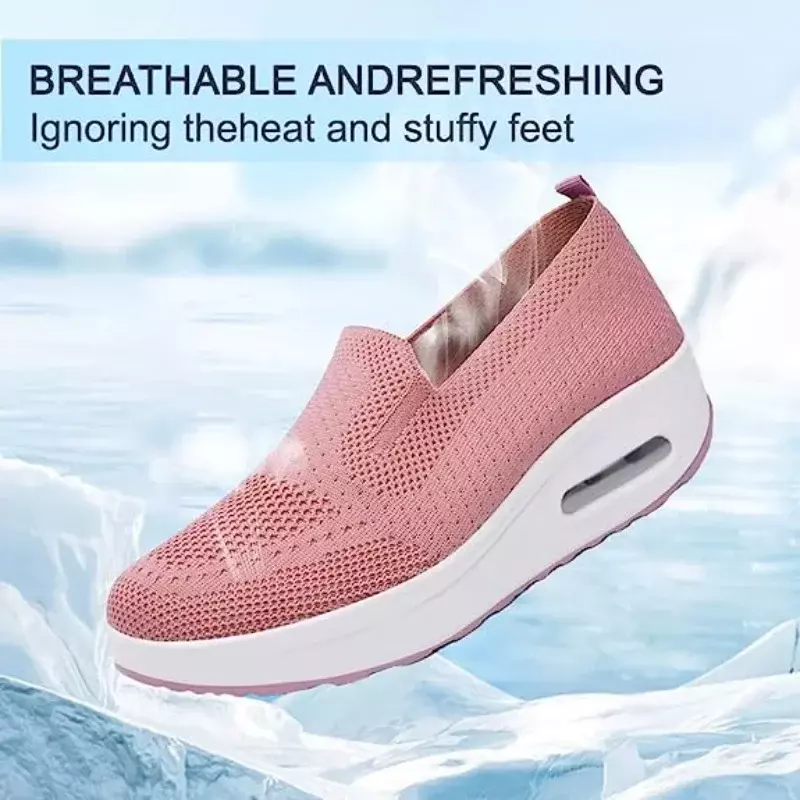 Women Walking Tennis Female Flat Shoes Slip-On Light Air Cushion Mesh Up Stretch Sneakers Running Casual Breathable Sports Shoes