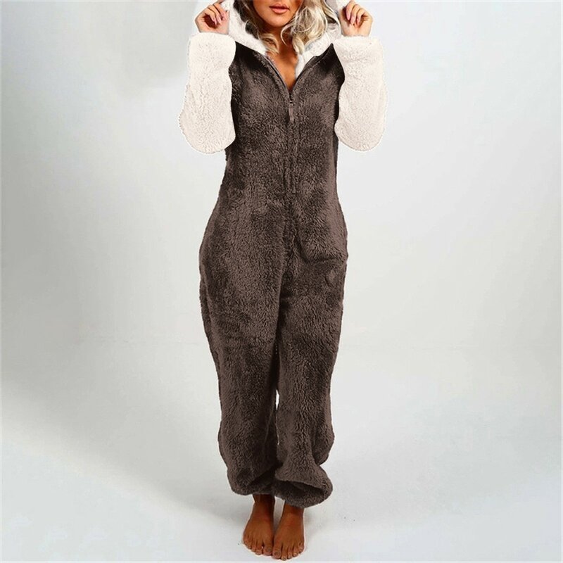 Pijama de lana Artificial de una pieza para mujer, ropa de dormir cálida de manga larga con capucha, mono de franela con cremallera, camisones para el hogar, Invierno