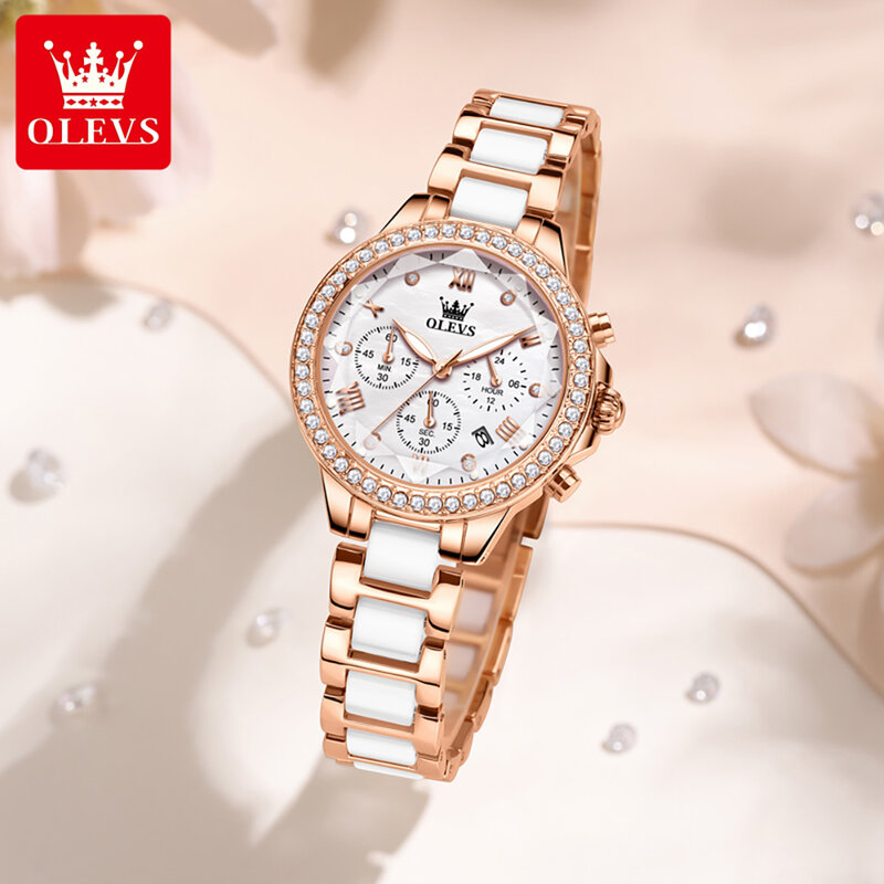 OLEVS นาฬิกาผู้หญิงสวยงาม, นาฬิกาควอตซ์พื้นผิวกระจกปริซึมนาฬิกาของขวัญโครโนกราฟสร้อยข้อมือนาฬิกาสำหรับผู้หญิงกันน้ำ