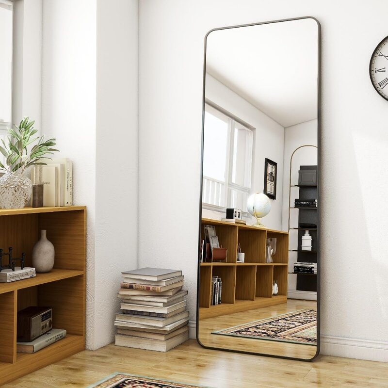 블랙 전체 길이 거울, 둥근 모서리 바닥 거울, 스탠딩 행잉 또는 벽 드레싱 룸 거울, 65 인치 x 22 인치