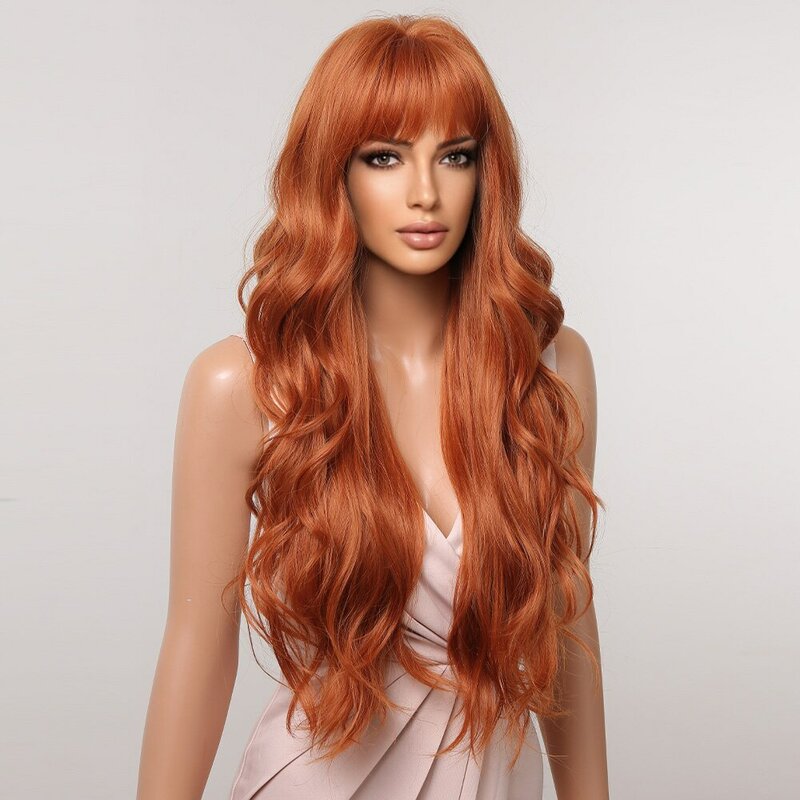 Pelucas sintéticas rizadas de jengibre para mujer, peluca larga ondulada Natural naranja con flequillo plano, colorida, resistente al calor, fiesta