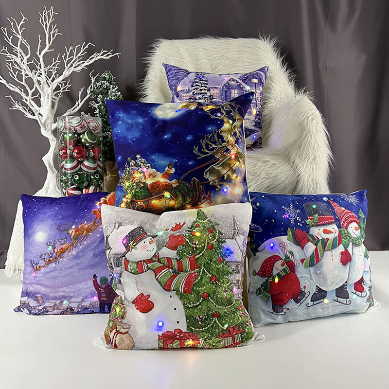 45x45cm feliz natal fronha com luz led santa decoração de natal para casa ano novo natal ornamento capa de almofada