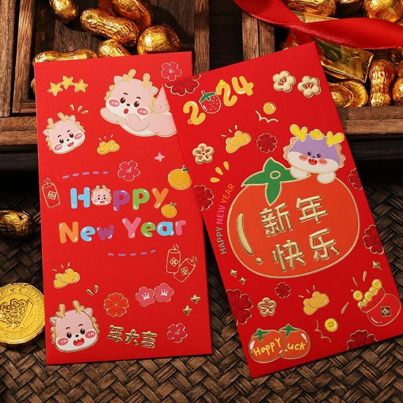 Cartooon Bolsa De sobre de año de dragón engrosada, múltiples estilos, paquete rojo de Año Nuevo, lindo regalo de bendición de bolsillo rojo de la suerte, 6 piezas por juego
