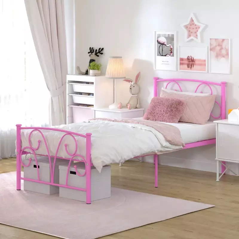 14" Heavy Duty Twin Metal Platform Bed Frame with Headboard for Girls Bedroom Furniture, Pink，Best Gift for Kids