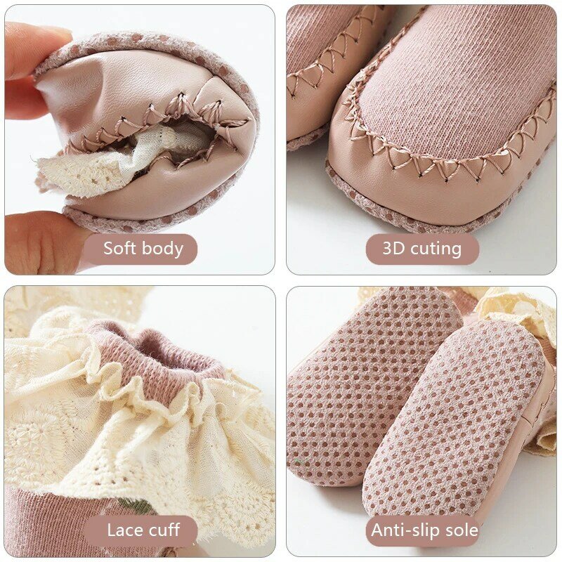 Modamama Autumn Winter Baby Floor Socks Solid Color Baby Girls Lace Floor Socks Combed Cotton Baby Non-Slip Toddler Shoes Socks
