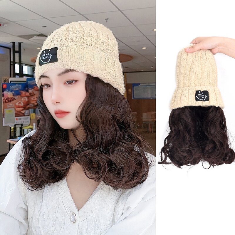 Wig female long hair wig smiley hat one-piece fashion net red fall and winter knitted cap long straight hair balck mix colors