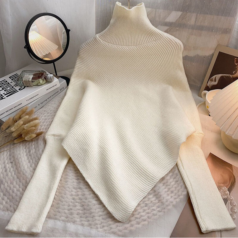 Sweter z golfem z dzianiny damskiej koreańskiej mody jednolity kolor nieregularny sweter damskie jesienno-zimowe swetry z długim rękawem
