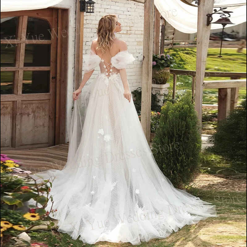 Graceful Beautiful A Line Wedding Dresses Sweetheart Off The Shoulder Bride Gowns With 3D Flower Appliques Vestidos Novias Boda
