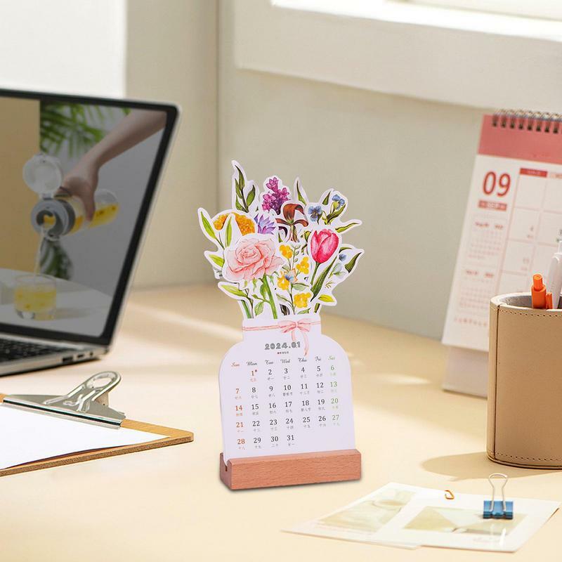 2024 Bloomy Flowers Calendar Standing Monthly Planner Vase-Design Calendar With Holder Tabletop Decorations Flower Theme