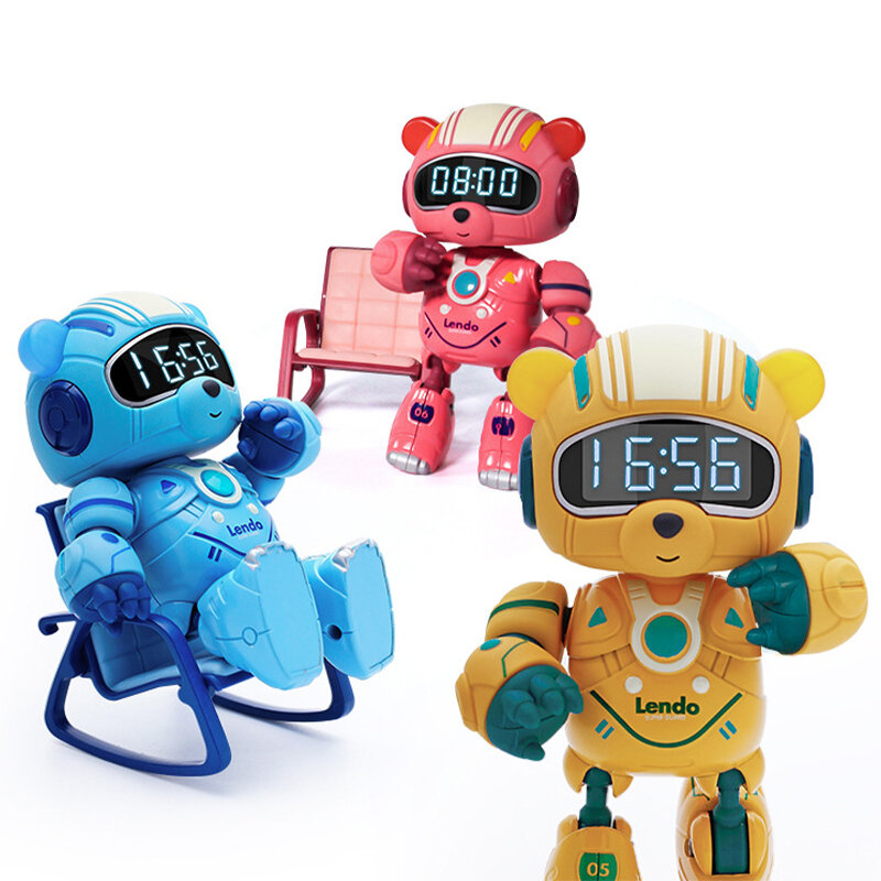 Luz nocturna musical recargable para niños, robot de oso de aleación con despertador de sueño, sensor de despertador inteligente, alarma de audio divertida