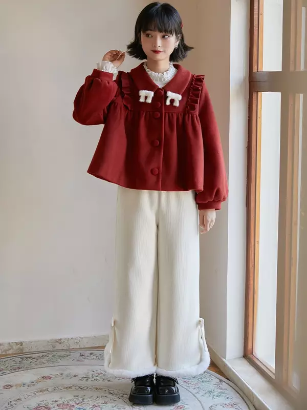 Pantaloni Lolita casual Kawaii giapponesi pantaloni da donna caldi in peluche stile coreano pantaloni larghi a gamba larga con fiocco carino femminile inverno 2023
