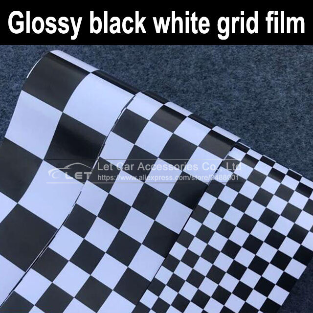 車の装飾用ビニールフィルム,光沢のある黒と白のチェックグリッド,市松模様の封筒