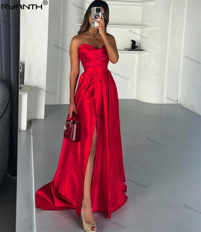 Kobiety Ryanth czerwona satyna linii długie suknie wieczorowe bez ramiączek formalne sukienki na przyjęcie specjalna okazja suknie na bal maturalny Vestidos De Festa