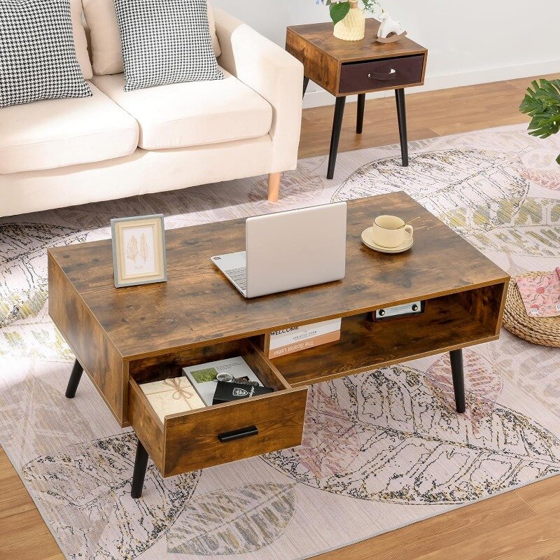 Coffee Table with Storage for Living Room, Coffee Table with Drawer and Shelf for Reception Room, Office