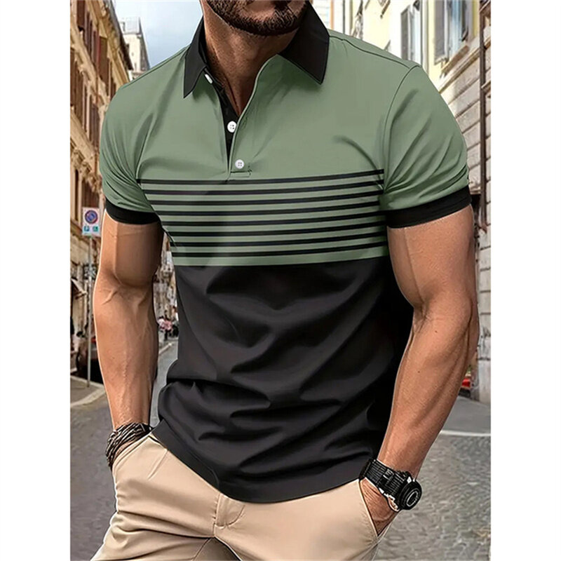 Camisa polo estampada com contraste listrado masculina, blusa de manga curta, lapela premium, respirável, pulôver fitness, moda verão