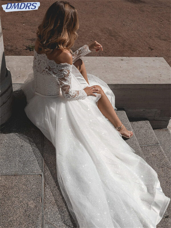 Vestido de noiva luxuoso frisado linha A, elegante vestido de noiva, manga comprida, fora do ombro, romântico, 2024