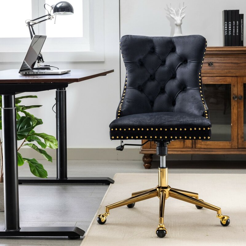 A & A Móveis-Veludo estofado cadeira de escritório adornado com base de metal dourado, mesa ajustável giratória, botão Home